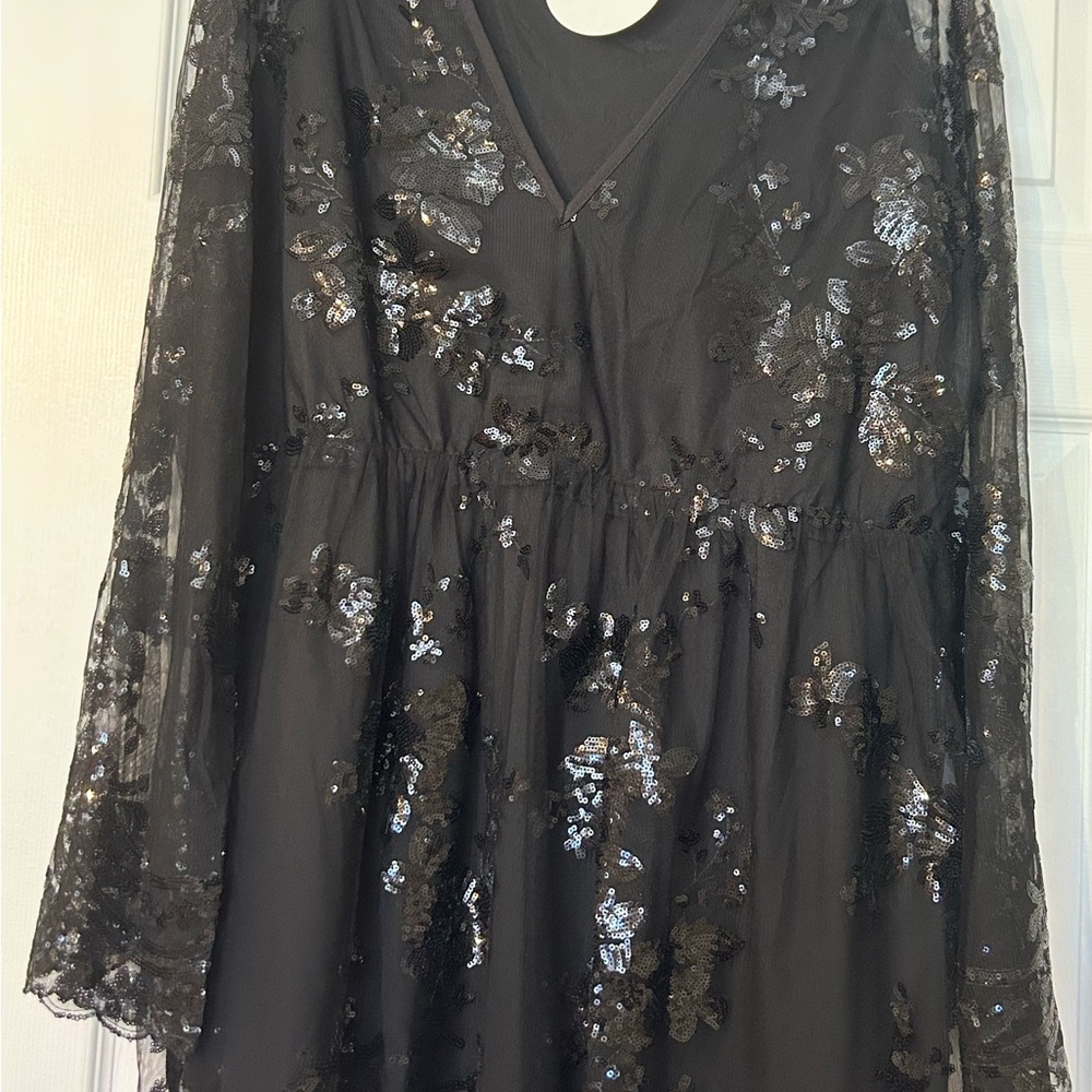 Black Sequin Floral Sequin Faux Wrap Skater Dress